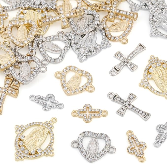 Cheriswelry 40pcs Virgin Cross Rhinestone Connector Charms Heart Oval Cross by Cheriswelry