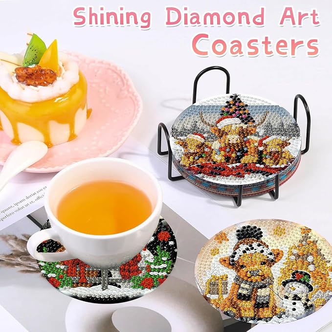 8 PCS Christmas Diamond Art Coasters Kits Highland Cows Coaster Kits | Diamond - Image 5
