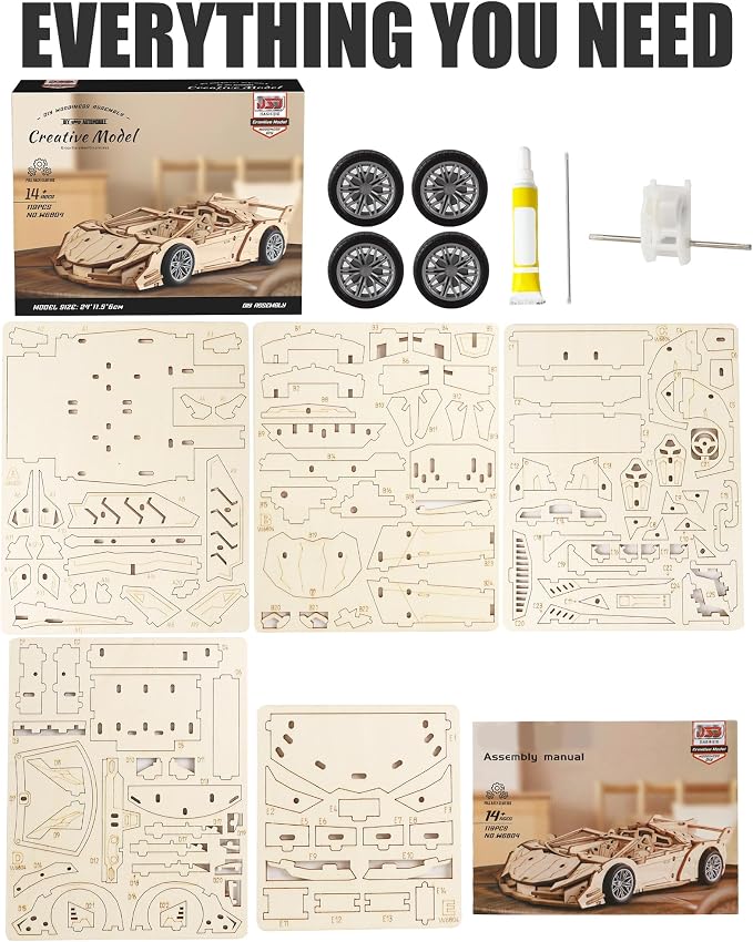 3D Wooden Puzzles for Adults Roadster, Mechanical Wood Sport Car Model Kits for - Image 6