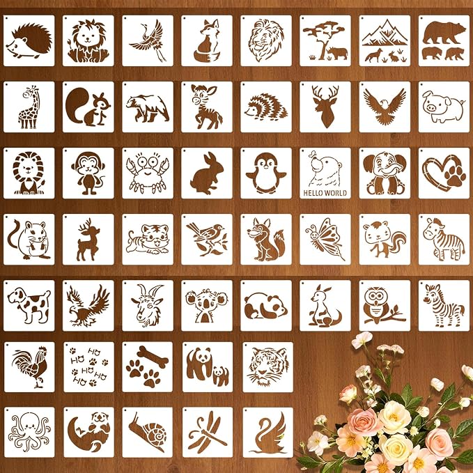 50 Pcs Large Animals Stencils for Painting, 3.93 x 3.93 Inch Animals Stencils by FRAGRANTGARDEN