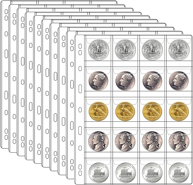 10 Sheets Coin Collection Pages, Coins Pocket Page by Ettonsun