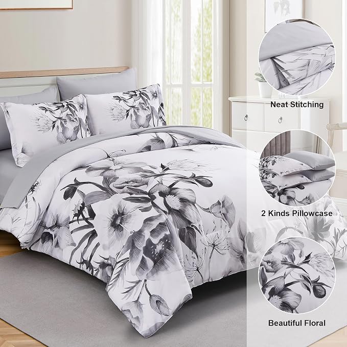 Luxudecor Floral Comforter Set Full Size 7 Piece, Elegant Ink Comforter Bedding - Image 6