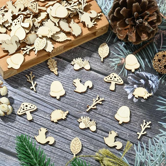 200 Pcs Unfinished Wooden Animal Plants Cutouts Squirrel Hedgehog Leaf Shapes - Image 6