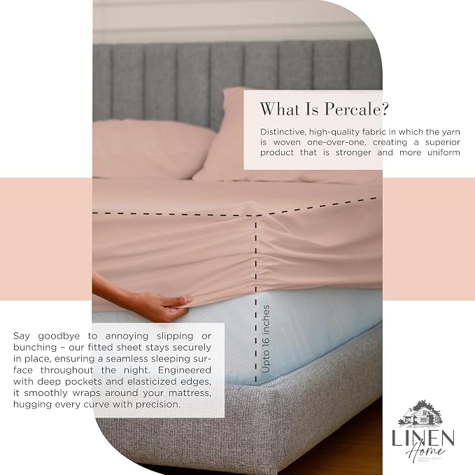 Linen Home 100% Cotton Percale Sheets Full Size, Brushed Rose, Deep Pocket - Image 4