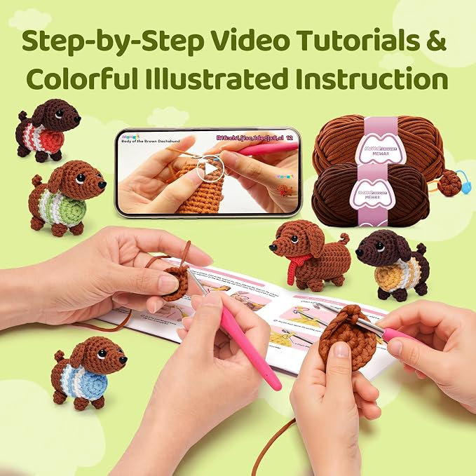 Mewaii Crochet Kit for Beginners, 5 Pack Dachshund Dog Craft Set | 40% Extra - Image 2