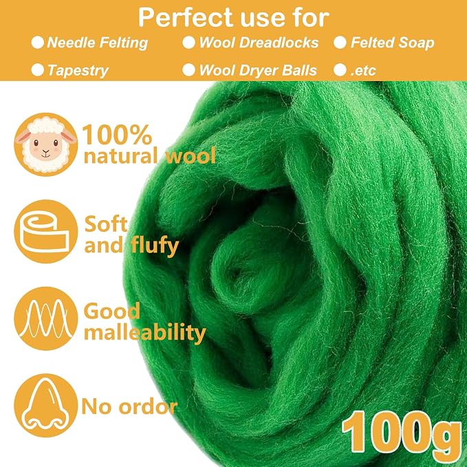 Green Wool Roving for Needle Felting, 3.5oz Felting Wool, Soft Wool Batting for - Image 2