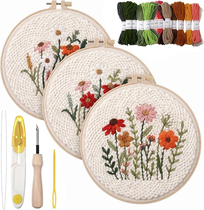 Lyksgir 3 Sets Punch Needle Kits, Flowers Punch Embroidery Kits | DIY Easy by Unknown