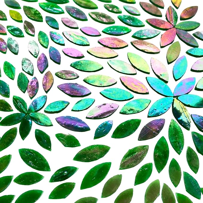120 Pcs Iridescent Green Floral Mosaic Tiles, Hand Cut Stained Glass Petals - Image 3