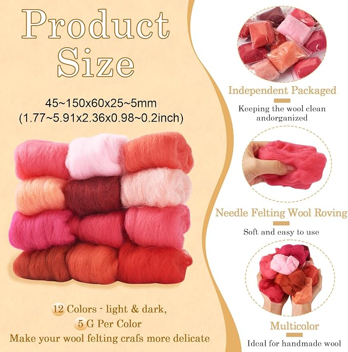 FASHEWELRY 2.1 OZ Needle Felting Wool Roving Set Pink Theme Nature Wool Roving - Image 5