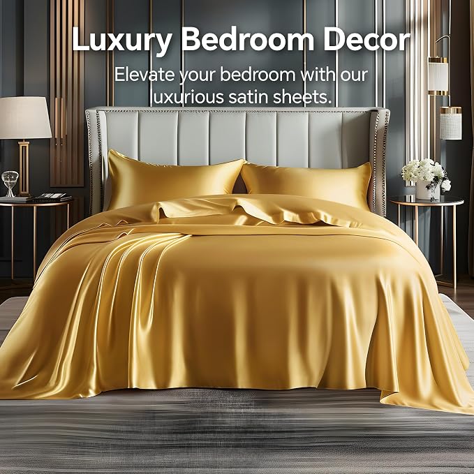BEDELITE Satin Sheets Full Size Bed Set, Luxury Soft Gold Silky Sheets - Image 2