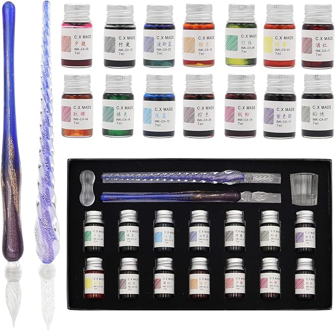 AXEARTE Glass Dip Calligraphy Pen Set, 18-Pieces 14 Color Inks, Pen Holder by AXEARTE
