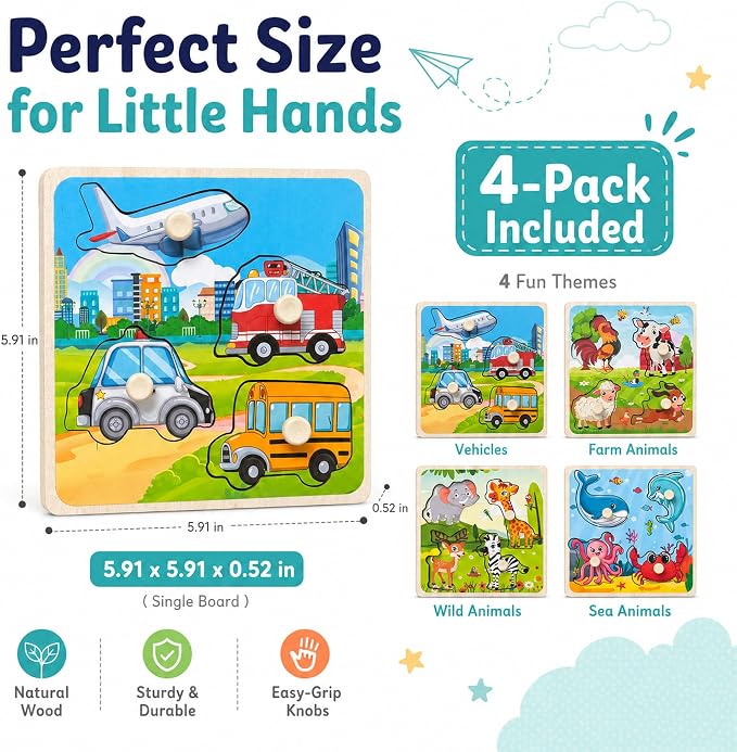 Wooden Peg Puzzle Set for Toddlers, 4 Pack Animal Vehicle Ocean Farm Puzzles - Image 3