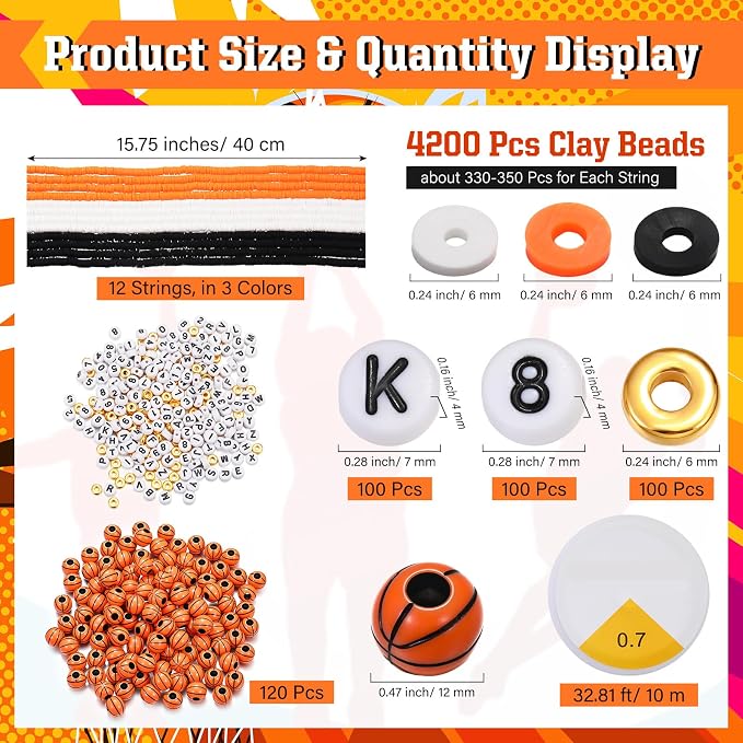 Ferreve 4200 Pcs Basketball 12 Strands Clay Beads Bracelet Making Kit, 100 - Image 2
