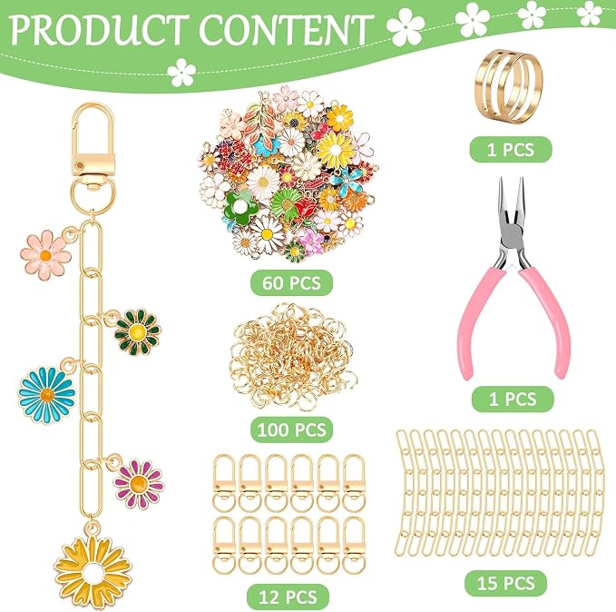 AUGSUN 189Pcs Flower Keychain Making Kit Floral DIY Keychain Craft | Colorful - Image 2