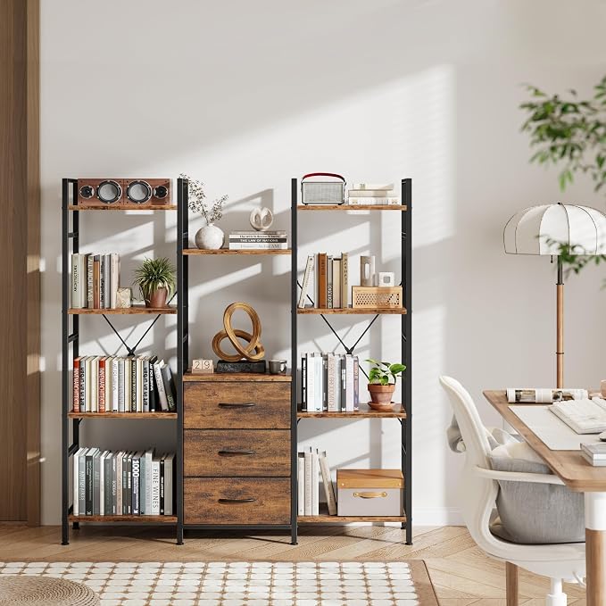 AFLUI Triple Bookshelf with 3 Fabric Drawers, 4-Tier Book Shelf and 10 Display - Image 8
