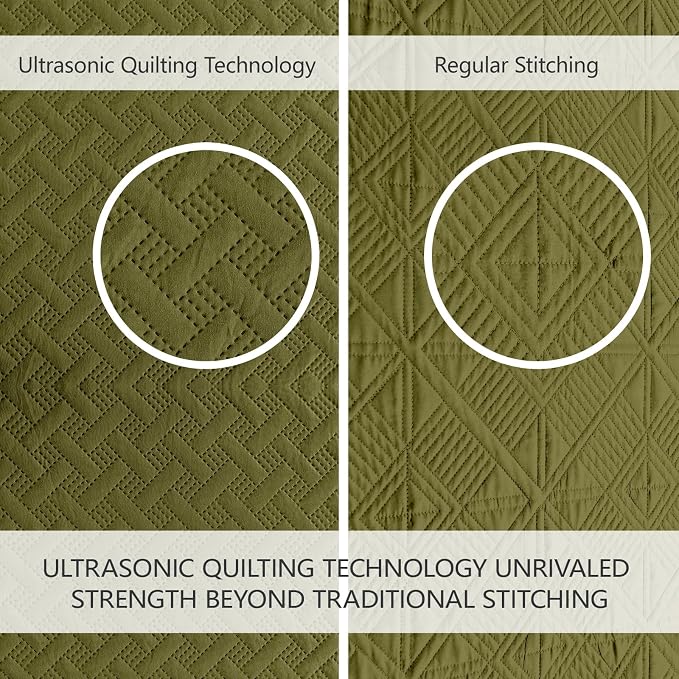 FLYMME Quilts King Size, Lightweight Olive Green Bedspreads, Basket Weave - Image 3
