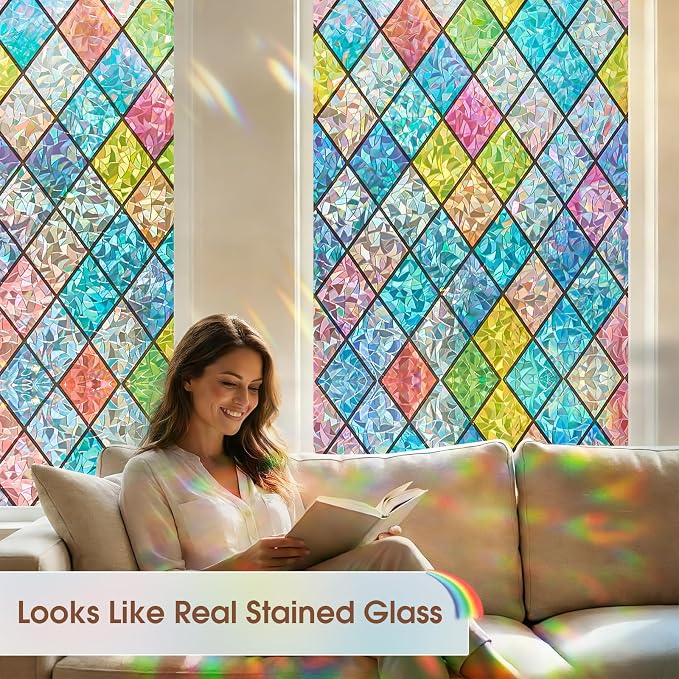 Coavas Window Privacy Film Stained Glass Window Clings 3D Rainbow Film - Image 9