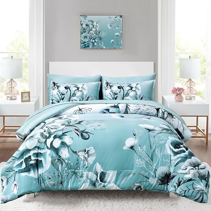 Luxudecor Floral Comforter Set Twin Size 7 Piece, Aqua Flower Bed in a Bag by Luxudecor