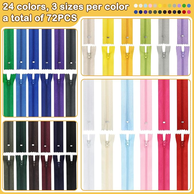 Zippers, DOITEM 72 pcs Zippers for Sewing 8 Inch 16 Inch 24 Inch Multicolor - Image 3