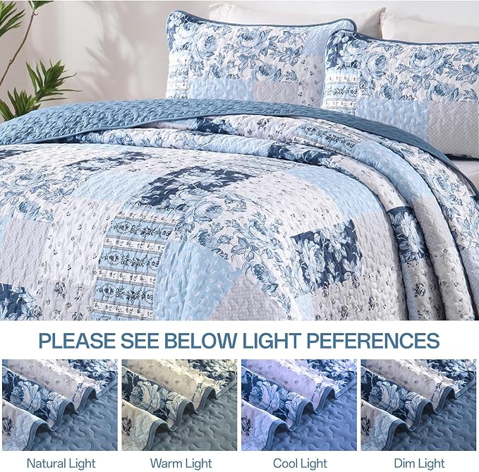Anibedding Blue Patchwork Quilt Set Queen Size Boho Floral Plaid Bedspread - Image 6