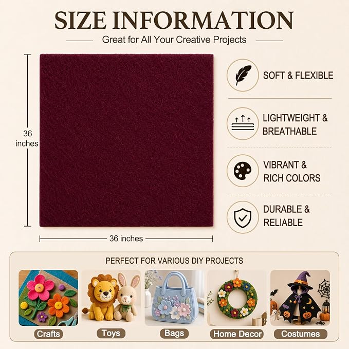 Burgundy Large Felt Fabric 36" x 36", 1.4 mm Soft Felt Sheet, Nonwoven Fabric - Image 3
