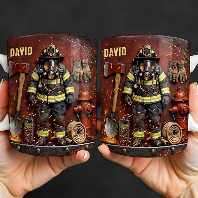 Personalized Firefighter Gifts for Men Dad Custom Name Mug, Fireman Gear Design - Image 4