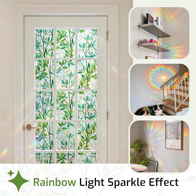 LUTE Stained Glass Window Privacy Film, Leaf Rainbow, 35.4" X 78.7" | No Glue - Image 3