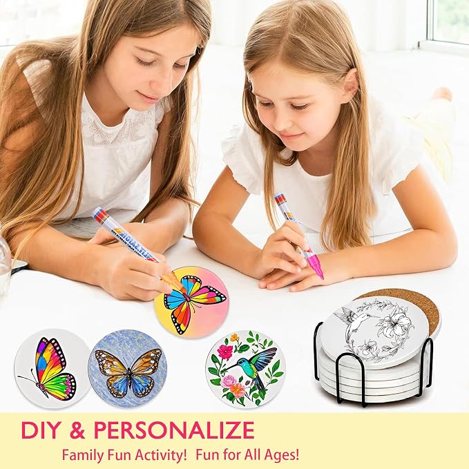 6 Absorbent Ceramic Tiles with Cork Base, Paint Your Own Butterfly Coaster | - Image 2