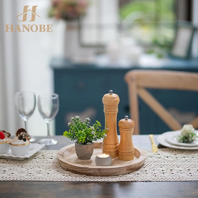 Hanobe Wooden Decortaive Coffee Table Tray, Round Candle Holder Centerpiece | - Image 4