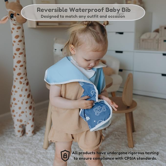 6-Layer Waterproof Baby Bib, Reversible, Adjustable, Washable, Stain Oil Resistant, 6-36 Months, 2-Pack, food bib