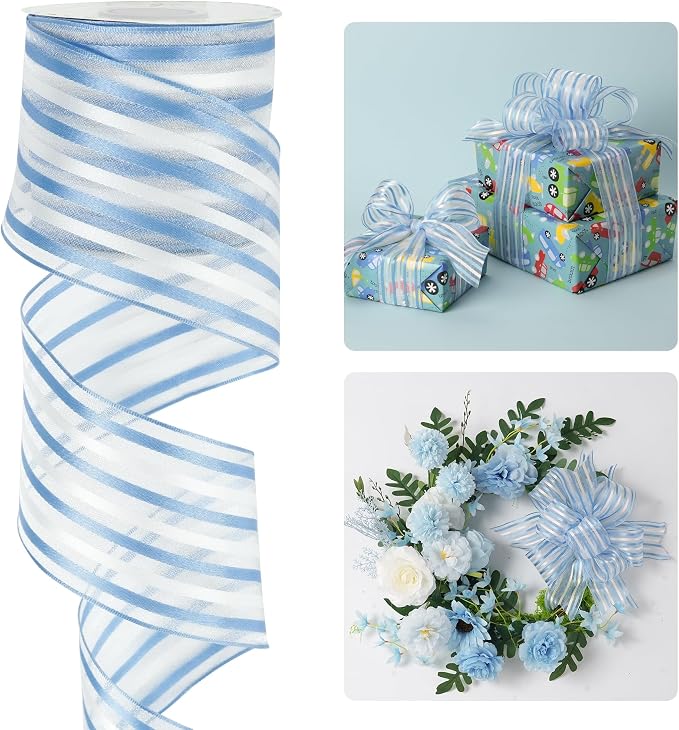 HUIHUANG Blue White Stripe Sheer Ribbon 2.5 inch Light Blue Wire Edged Ribbon by HUIHUANG