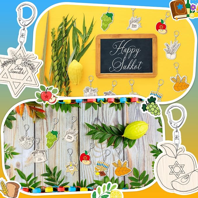 RattanView 24 Pcs Sukkot Crafts Color Your Own Keychains Diy Craft Wooden Blank - Image 6