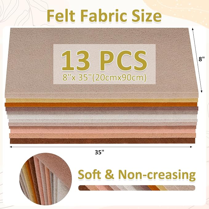 XSEINO 13 Rolls 8"x35" 1.4mm Thick Soft Felt Fabric Sheet 13 Assorted Light - Image 3