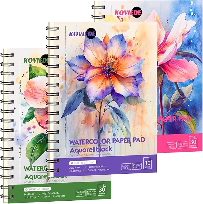 KOVIEDE 100% Cotton Watercolor Paper Pad 3 Pack Cold Press 140lb/300gsm Spiral by KOVIEDE