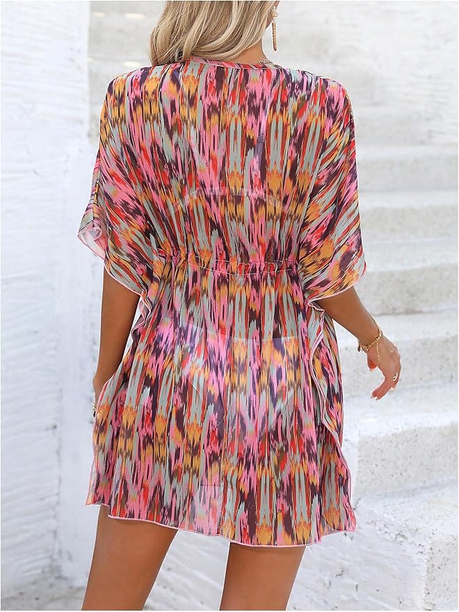 WDIRARA Women's Tie Dye Sheer Boho Chiffon Cover Up Tie Waist Beach Dress Deep - Image 2