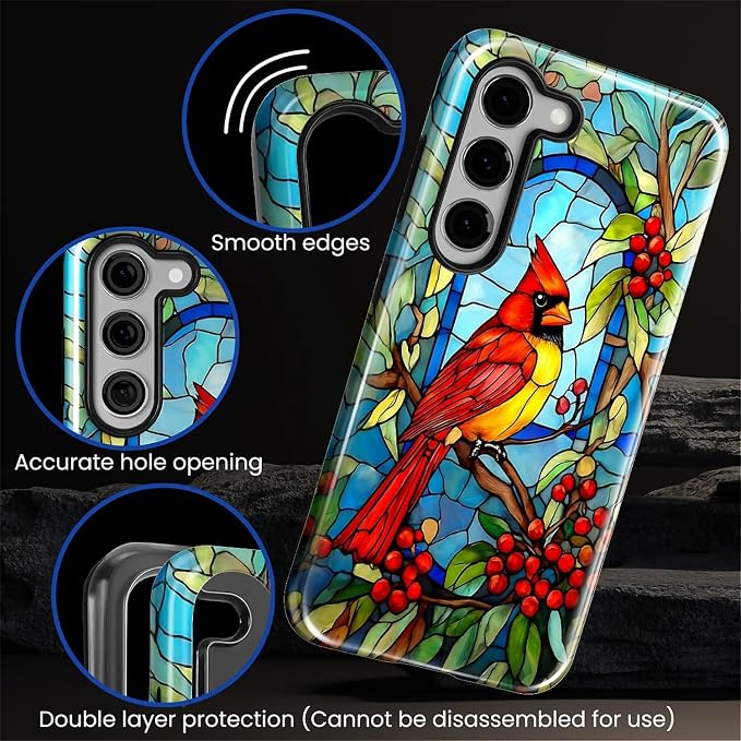 for Samsung Galaxy S23 Case, Stained Glass Cardinal Bird Pattern Glossy 2 in 1 - Image 5