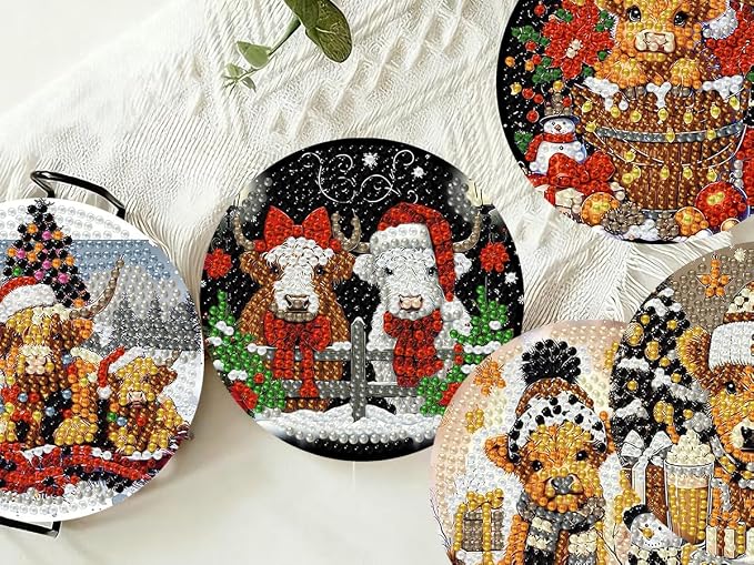 8 PCS Christmas Diamond Art Coasters Kits Highland Cows Coaster Kits | Diamond - Image 6