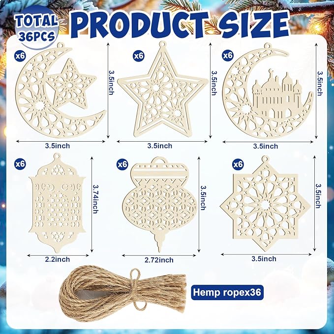 36PCS Wooden Ramadan Decorations Eid Islam Mubarak Ornaments Mubarak Hanging - Image 7