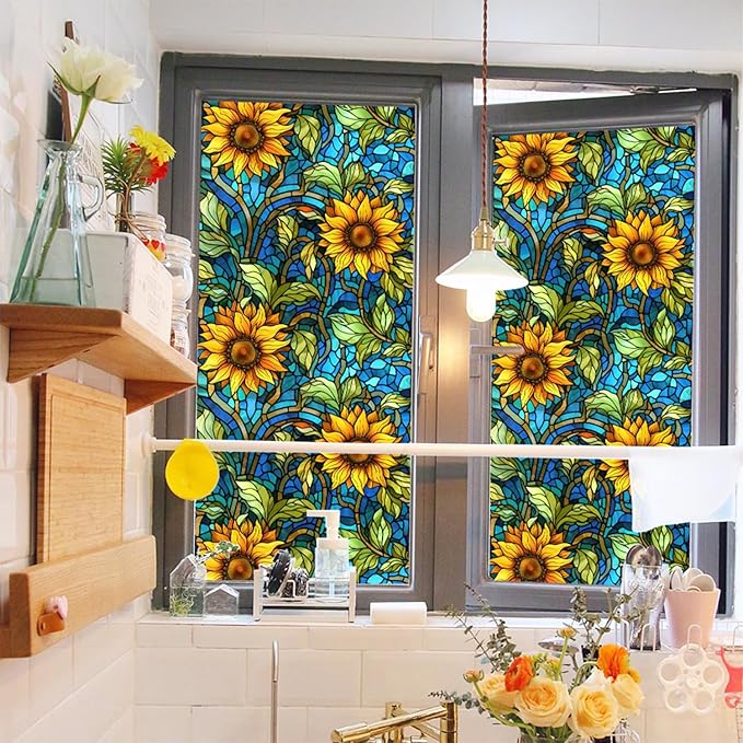 Sunflower Stained Glass Window Film, Non Adhesive Privacy Film, Stained Glass - Image 2