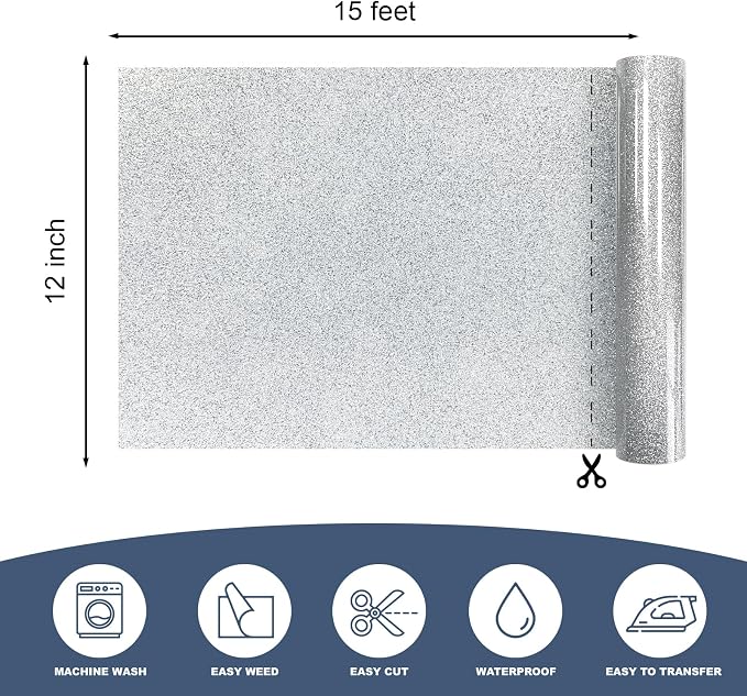 Silver Glitter Heat Transfer Vinyl 12" x 15 ft HTV - Image 2