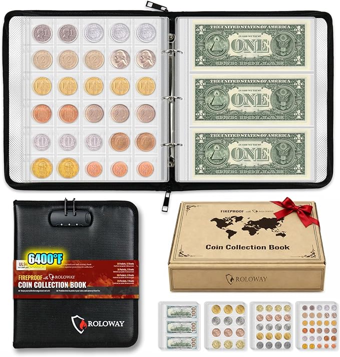 ROLOWAY Coin Collection Book 6400℉ Heat Insulated, 346 Pockets Fireproof Coin by ROLOWAY