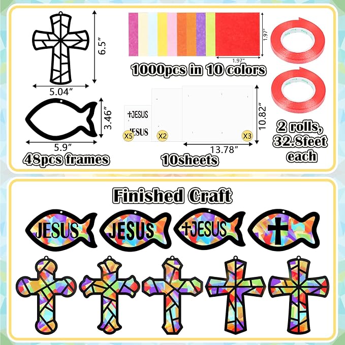 48PCS Sunday School VBS Crafts Bulk: Paper Cross Fish Nativity Suncatchers - Image 4