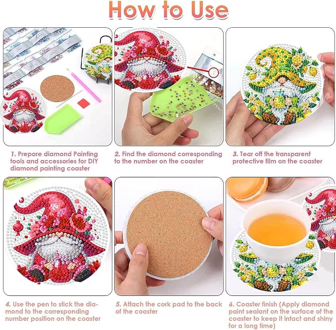 ijbnhd 8 Pack Diamond Art Coasters Kits Gnome | Diamond Painting Coasters Kit - Image 7