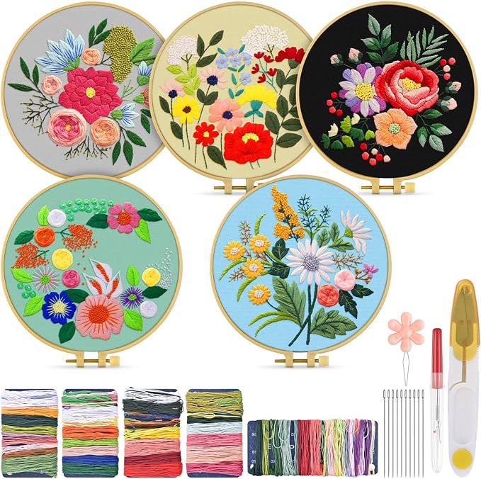 TINDTOP 5 Sets Embroidery Kit for Adults, Floral Embroidery Practice Kit for by TINDTOP