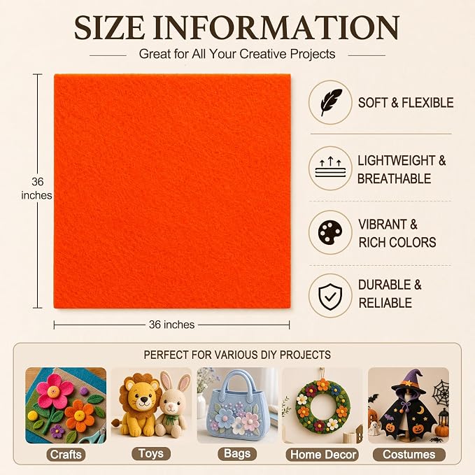 Bright Orange Large Felt Fabric 36" x 36", 1.4 mm Soft Felt Sheet, Nonwoven - Image 3
