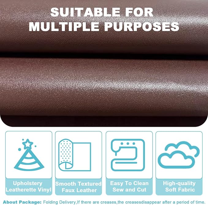 Brown Faux Leather Fabric 39"×55" Smooth Grain Upholstery Vinyl - Image 3
