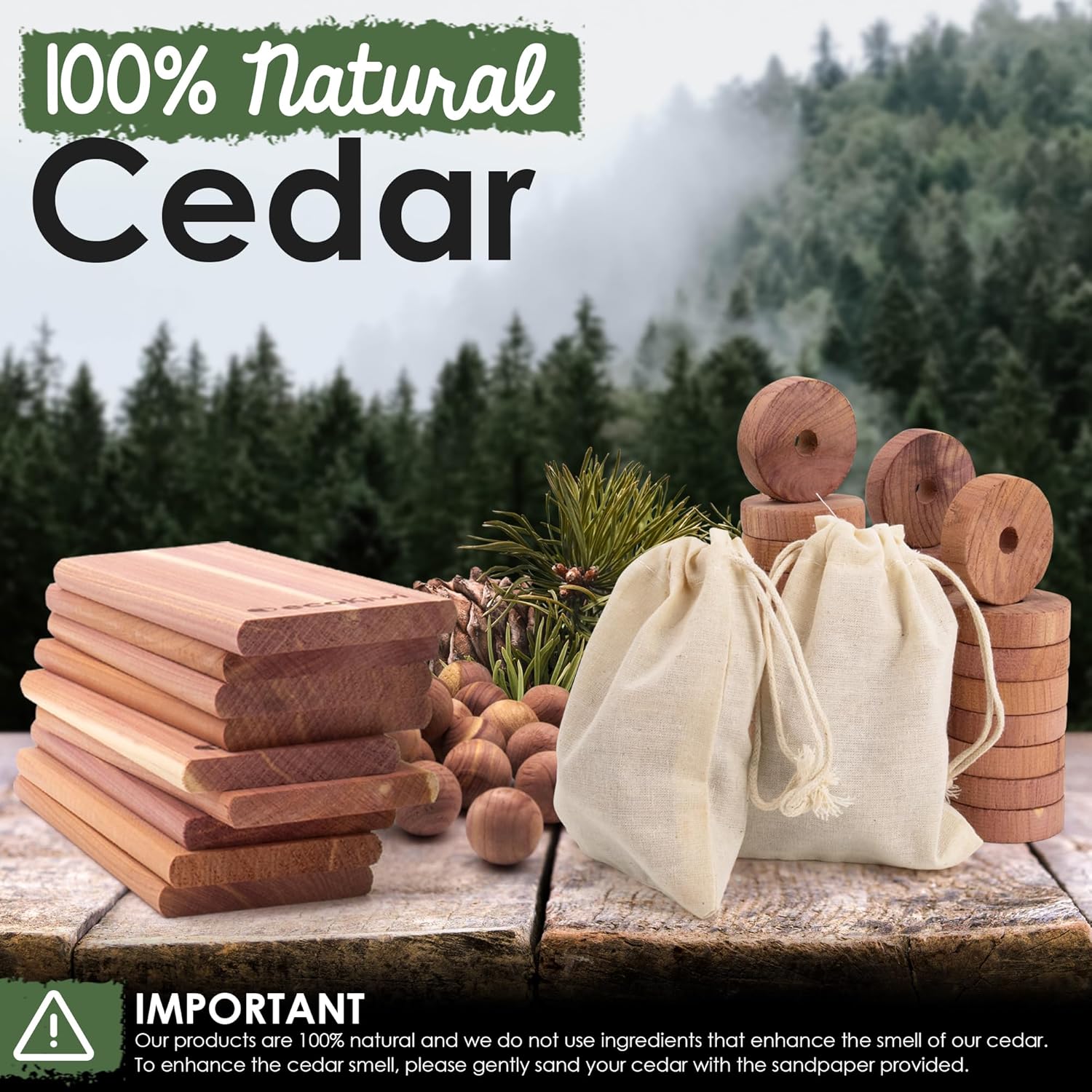 ecoKiwi Cedar Blocks for Clothes Storage Super Bundle Box - Cedar Hangers x10, Balls x30 & Rings x28-100% Natural Oil Planks & Chips for Closets & Drawers - Aromatic Red Cedar Wood with Sandpaper