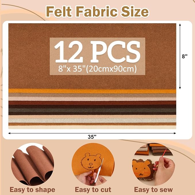 12 Rolls 8"x35" 1.4mm Thick Soft Felt Fabric Sheet 12 Assorted Brown Tone - Image 2