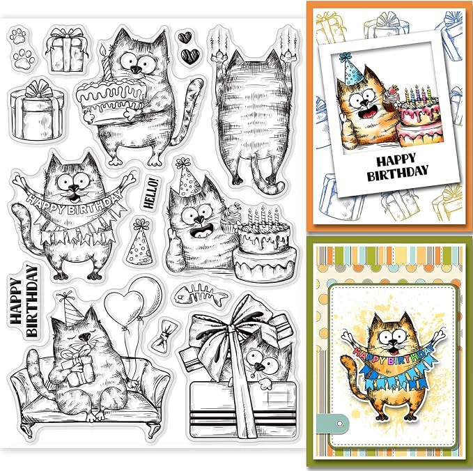 GLOBLELAND 8.3×5.8in Birthday Cats Animal Clear Stamp Sofa Cat Birthday Cake by GLOBLELAND