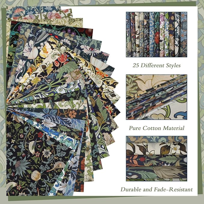 25 Pcs William Morris Cotton Fabric Squares, 10 x 10 Inch, Floral | Precut - Image 4